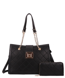 Fashion Inspired Twist-lock Shoulder Bag Wallet Set TT-8645W BLACK